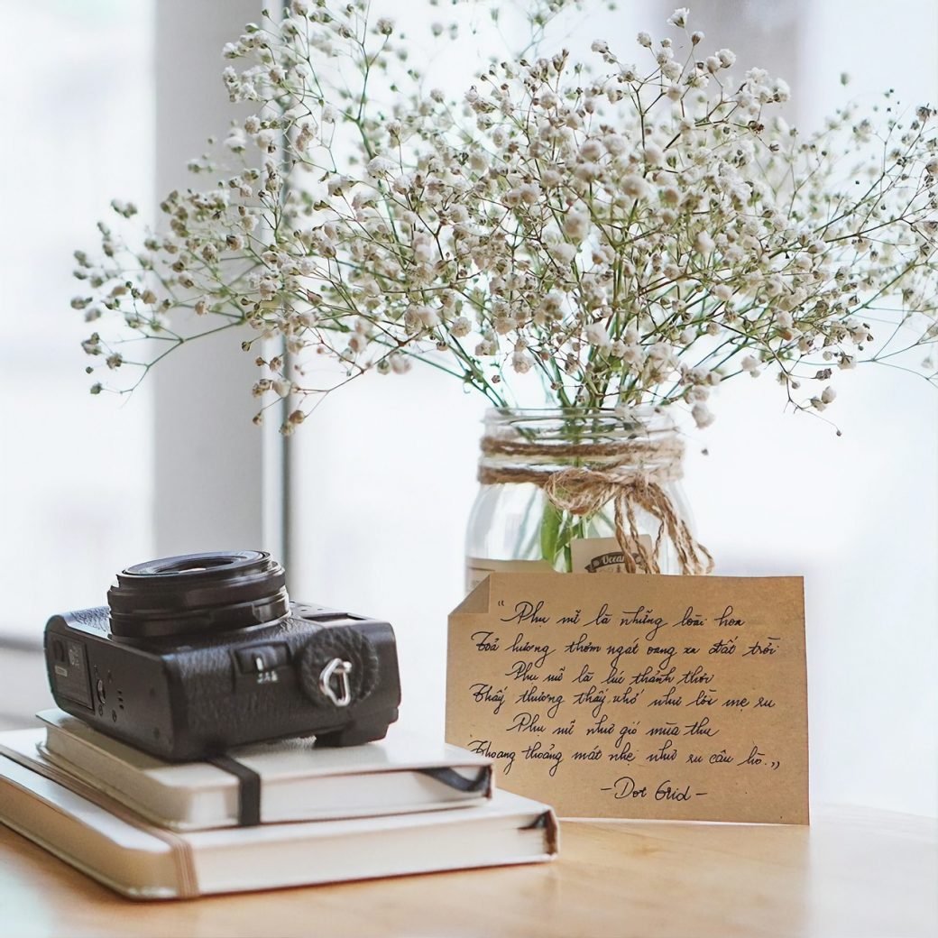 books, camera, morning