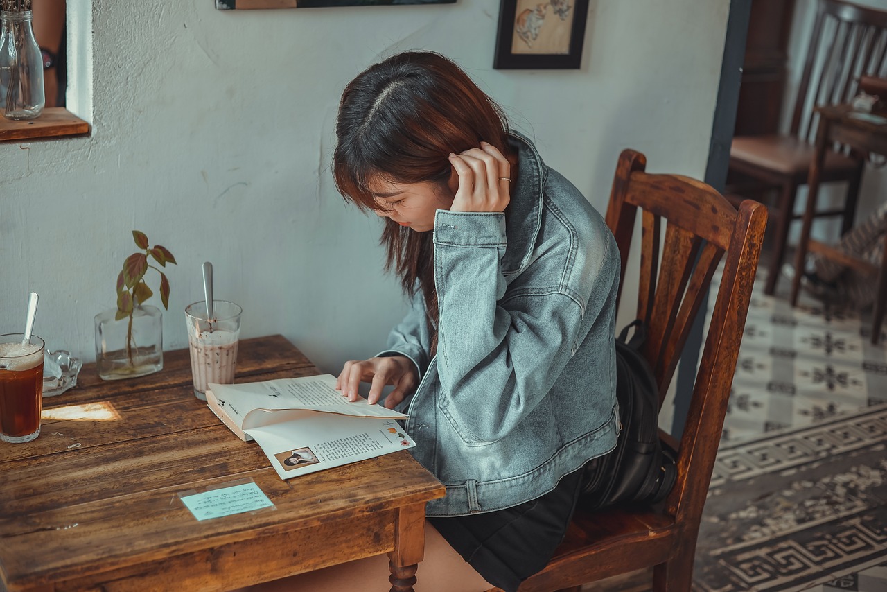 cafe, girl, book