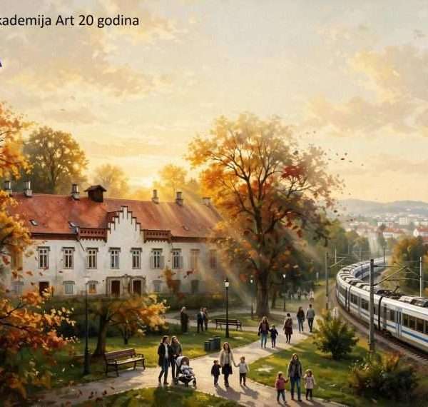 20 godina akademija art ulje na platnu — topli slikarski potezi kista novi dvori u zlatnom suncu park i vlak prema zagrebu kao elegantna razglednica ai