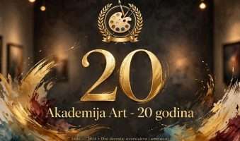 20 godina akademija art — zlatna 20 ica, paleta i kistovi u galerijskom ambijentu ai foto