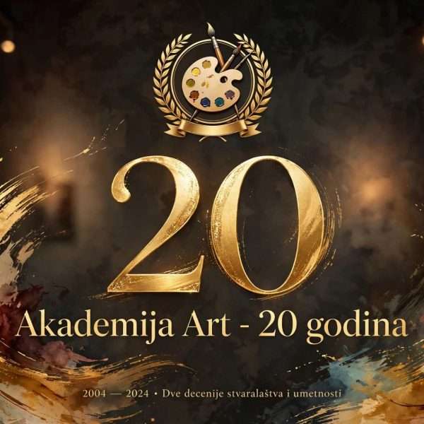 20 godina akademija art — zlatna 20 ica, paleta i kistovi u galerijskom ambijentu ai foto