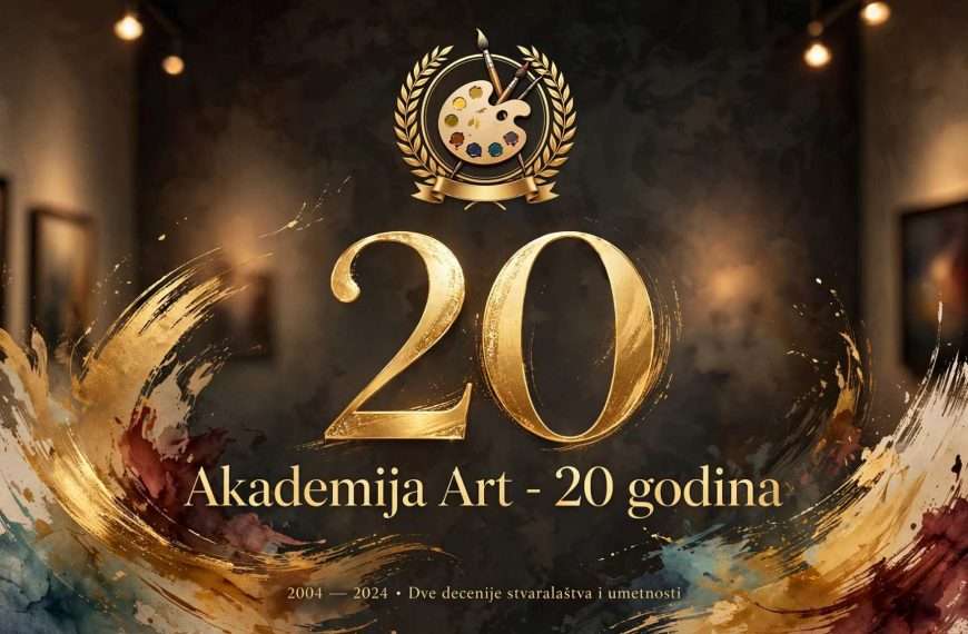 20 godina akademija art — zlatna 20 ica, paleta i kistovi u galerijskom ambijentu ai foto