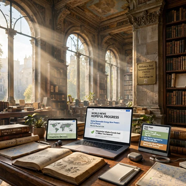 laptop u staroj knjižnici AI foto