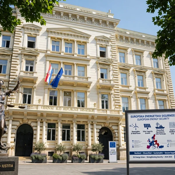 Hrvatski sud / EU zastave (Pixabay) AI foto
