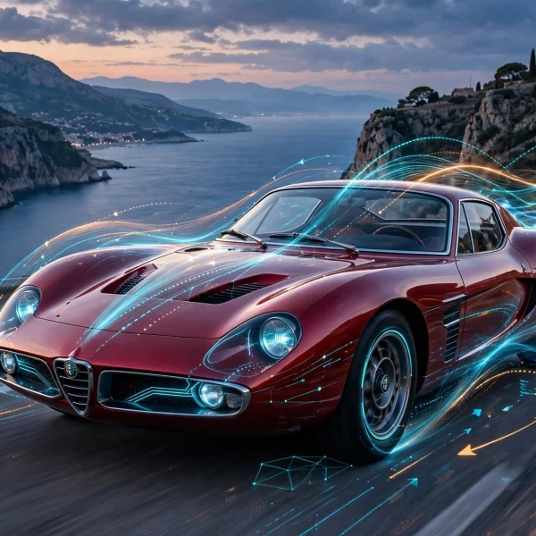 Metalik grimizni vintage sportski automobil na jadranskoj magistrali u suton AI foto