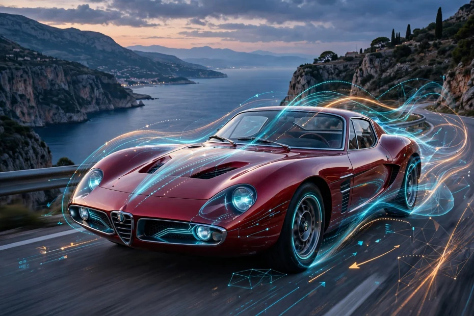 Metalik grimizni vintage sportski automobil na jadranskoj magistrali u suton AI foto