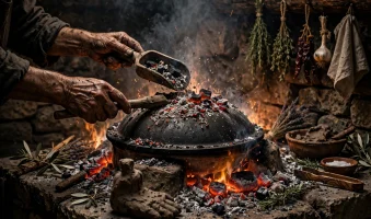 Umjetnost pod pekom – Skulpturalni ritual gline, gvožđa i žara AI foto