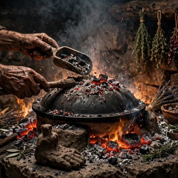 Umjetnost pod pekom – Skulpturalni ritual gline, gvožđa i žara AI foto