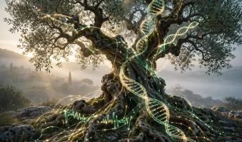 Veličanstvena drevna maslina u Dalmaciji/Istri u maglovitoj zori, s elegantnim zlatno-smaragdnim biometrijskim nitima i DNA heliksima AI foto
