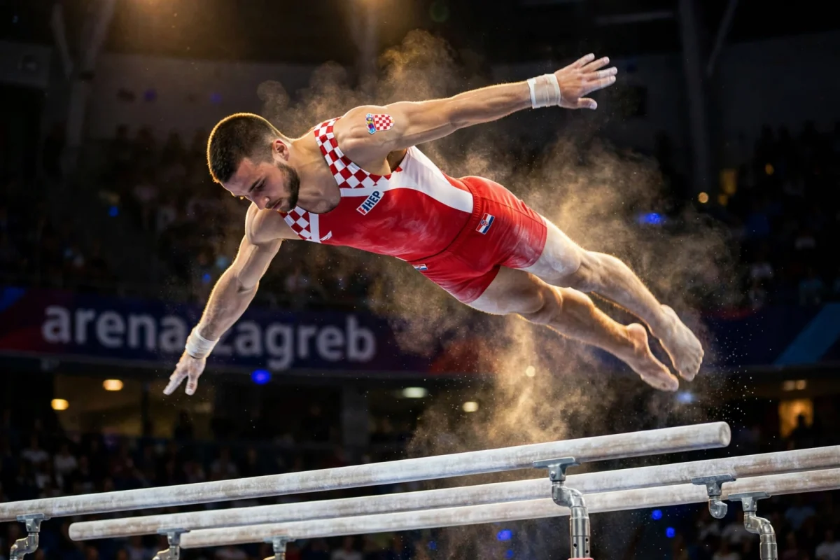 ILIJA KOVTUN Ilustracija: Umjetnička vizija gimnastičke koreografije na ručama u Areni Zagreb (AI ilustracija / Akademija Art