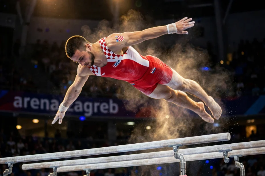 ILIJA KOVTUN Ilustracija: Umjetnička vizija gimnastičke koreografije na ručama u Areni Zagreb (AI ilustracija / Akademija Art
