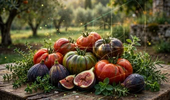 Svježe ubrani heirloom rajčice, tamnoljubičaste smokve i zeleno samoniklo bilje AI foto
