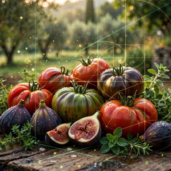 Svježe ubrani heirloom rajčice, tamnoljubičaste smokve i zeleno samoniklo bilje AI foto