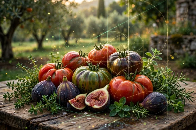 Svježe ubrani heirloom rajčice, tamnoljubičaste smokve i zeleno samoniklo bilje AI foto