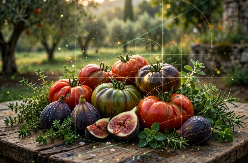 Svježe ubrani heirloom rajčice, tamnoljubičaste smokve i zeleno samoniklo bilje AI foto