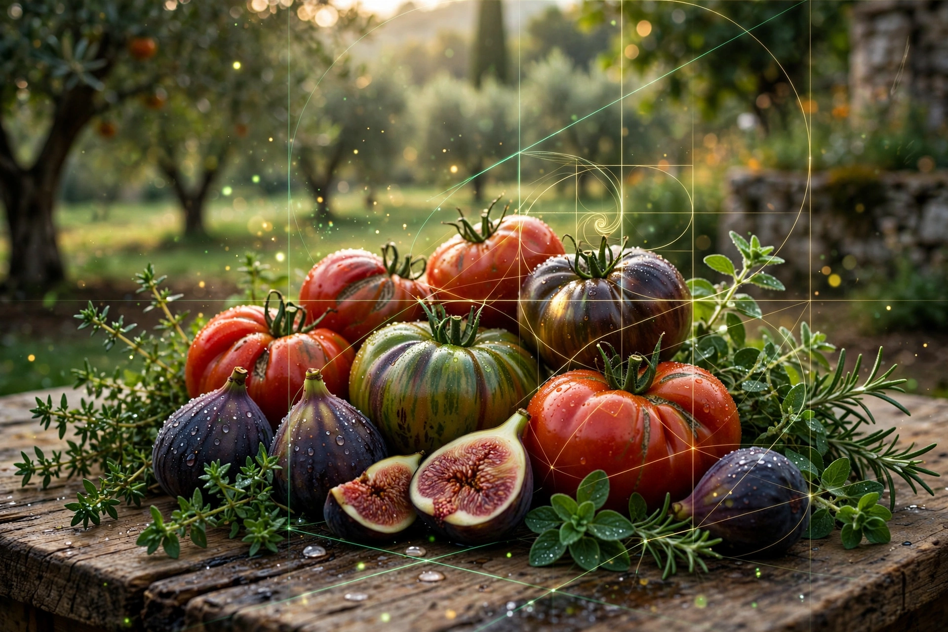Svježe ubrani heirloom rajčice, tamnoljubičaste smokve i zeleno samoniklo bilje AI foto