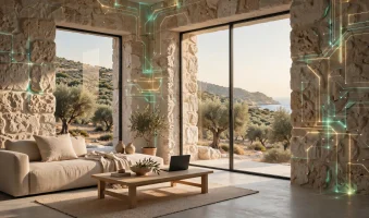Minimalistički interijer mediteranske kamene kuće s grubim kamenom, velikim staklenim stijenama prema masliniku i toplim suncem AI foto