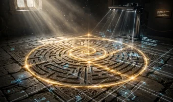 Veličanstvena zlatna Fibonacci spirala preko drevnog labirinta uklesanog u renesansni kameni pod AI foto