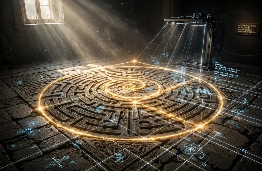 Veličanstvena zlatna Fibonacci spirala preko drevnog labirinta uklesanog u renesansni kameni pod AI foto
