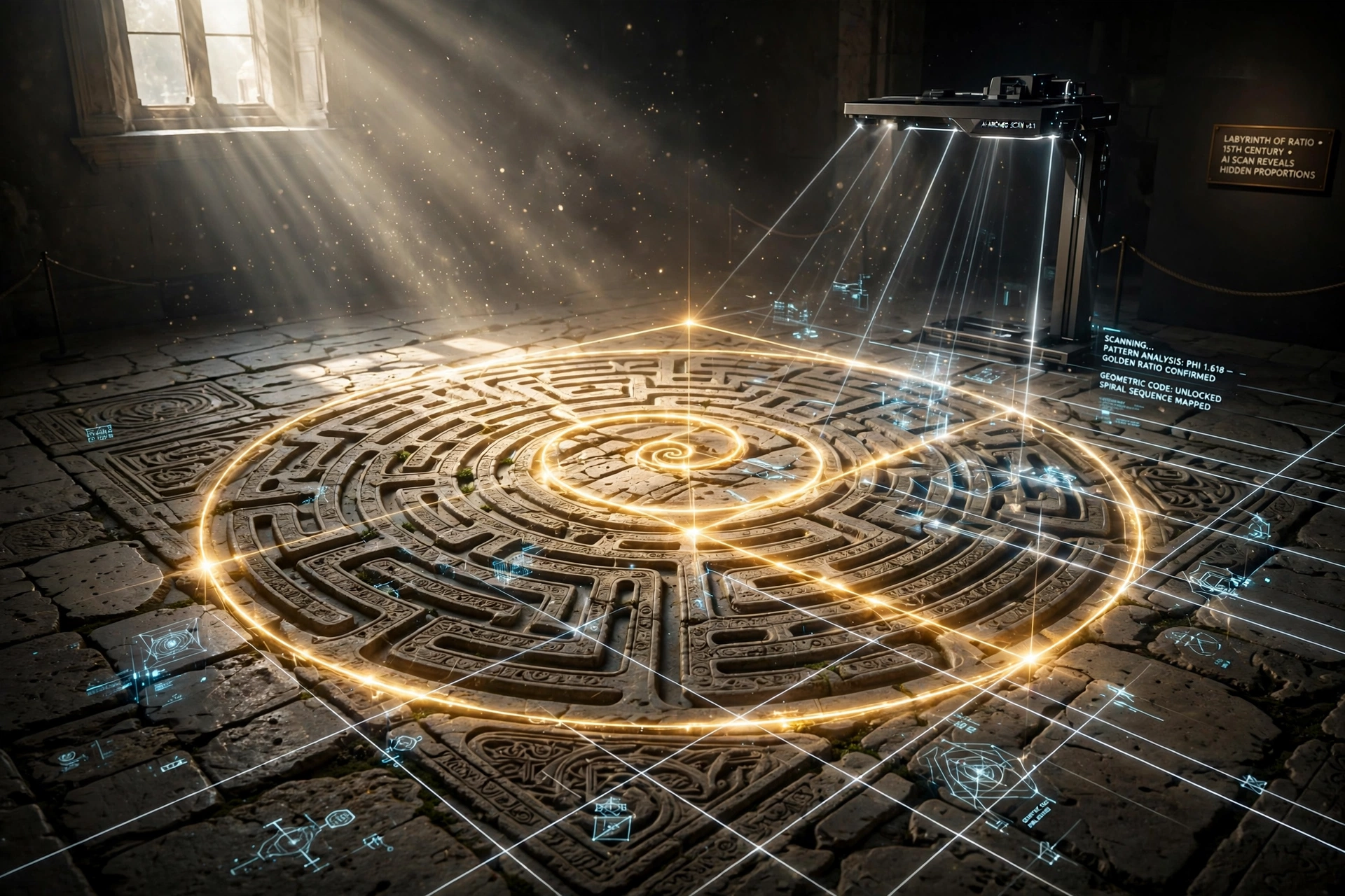 Veličanstvena zlatna Fibonacci spirala preko drevnog labirinta uklesanog u renesansni kameni pod AI foto