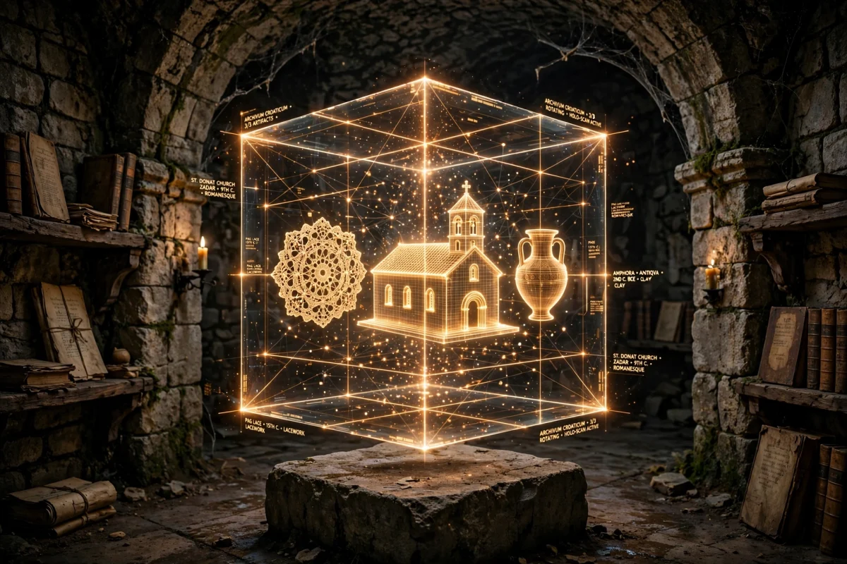 Prozirna holografska kocka u starom kamenom podrumu samostana AI foto