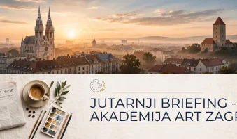 Jutarnji briefing — jutro nad Zagrebom s katedralom, uz novine, kavu i umjetnički detalj za Akademija Art.