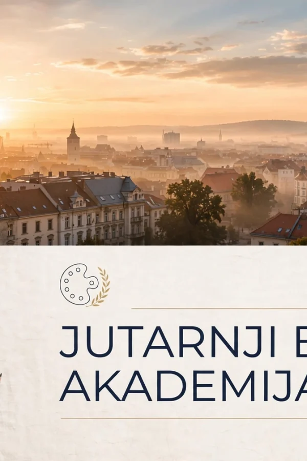 Jutarnji briefing — jutro nad Zagrebom s katedralom, uz novine, kavu i umjetnički detalj za Akademija Art.