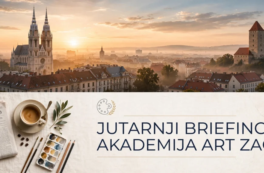 Jutarnji briefing — jutro nad Zagrebom s katedralom, uz novine, kavu i umjetnički detalj za Akademija Art.