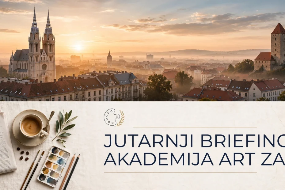 Jutarnji briefing — jutro nad Zagrebom s katedralom, uz novine, kavu i umjetnički detalj za Akademija Art.