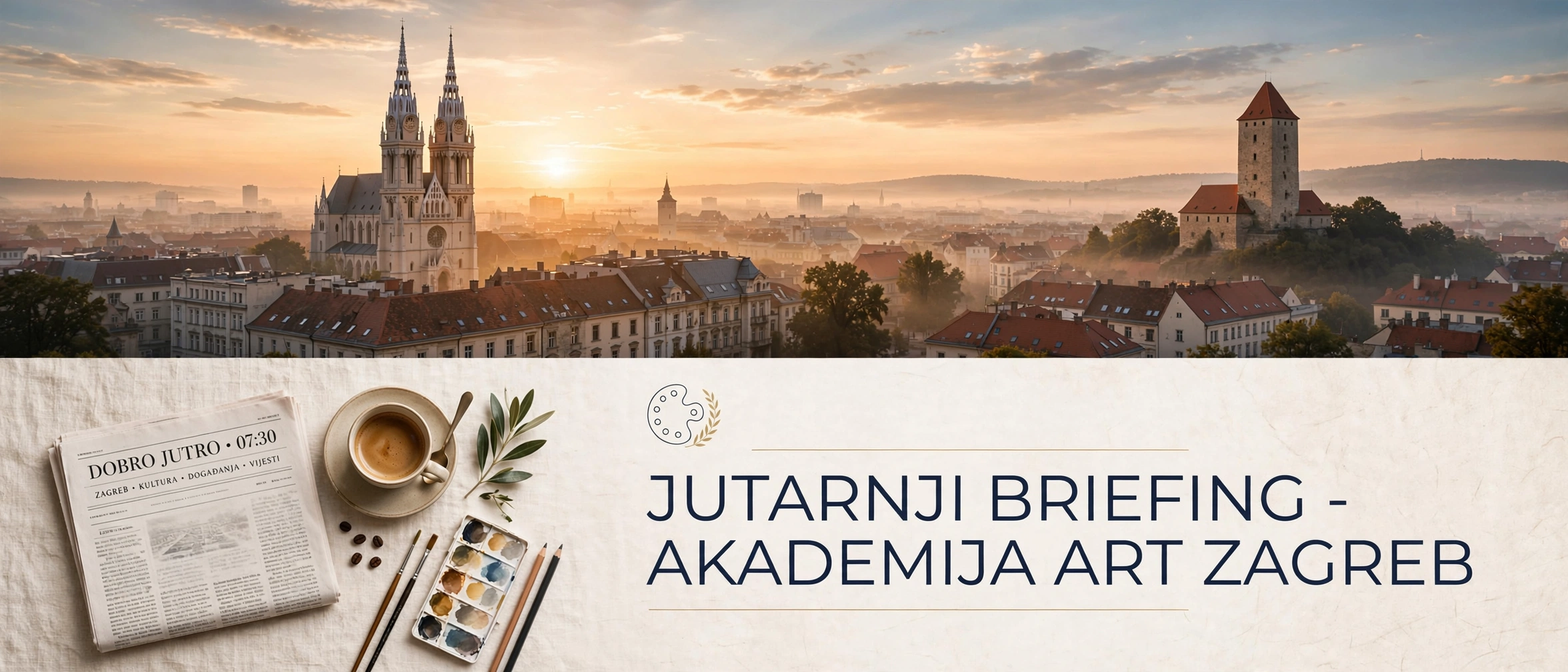 Jutarnji briefing — jutro nad Zagrebom s katedralom, uz novine, kavu i umjetnički detalj za Akademija Art.