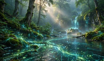 Netaknuta duboka šuma Gorskog Kotara / Plitvica u jutarnjoj magli, zrake sunca kroz krošnje AI foto
