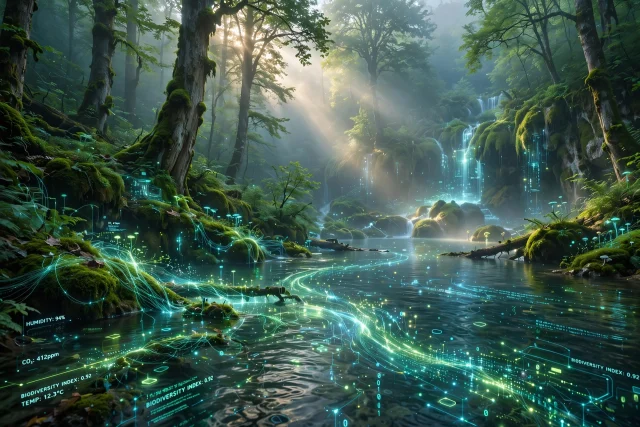 Netaknuta duboka šuma Gorskog Kotara / Plitvica u jutarnjoj magli, zrake sunca kroz krošnje AI foto