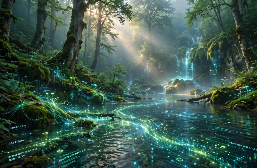 Netaknuta duboka šuma Gorskog Kotara / Plitvica u jutarnjoj magli, zrake sunca kroz krošnje AI foto