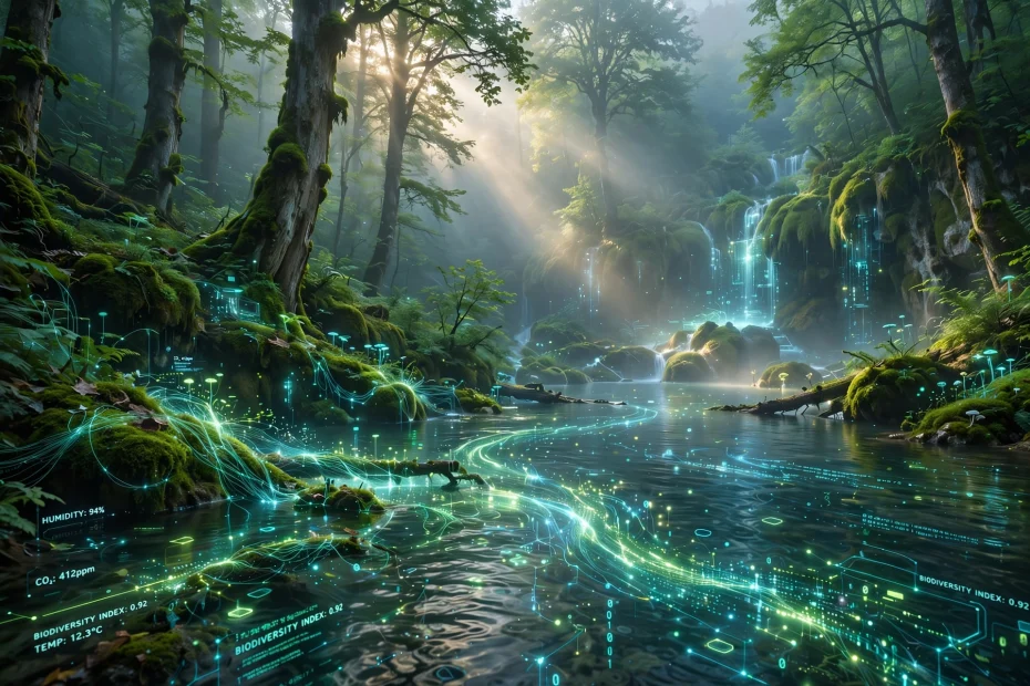 Netaknuta duboka šuma Gorskog Kotara / Plitvica u jutarnjoj magli, zrake sunca kroz krošnje AI foto