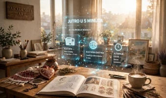 Svijetli jutarnji atelje Akademije Art, kava, otvorena knjiga baštine i hologram "JUTRO U 5 MINUTA" AI foto