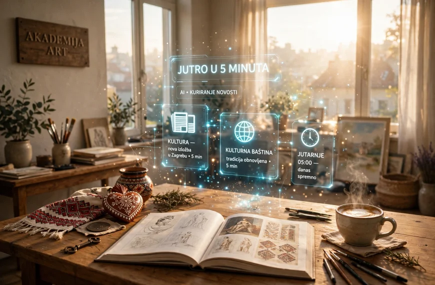 Svijetli jutarnji atelje Akademije Art, kava, otvorena knjiga baštine i hologram "JUTRO U 5 MINUTA" AI foto