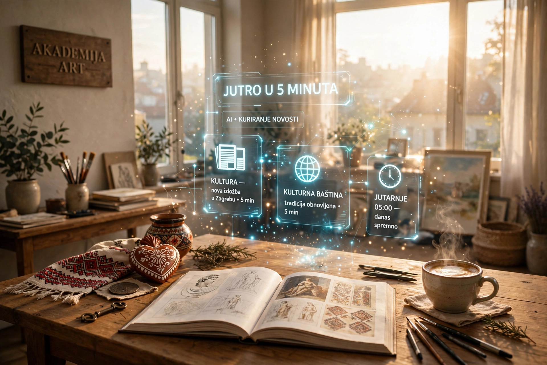 Svijetli jutarnji atelje Akademije Art, kava, otvorena knjiga baštine i hologram "JUTRO U 5 MINUTA" AI foto