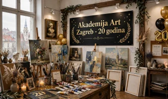 Atelje u Zagrebu s pogledom na katedralu, platna, kistovi, zlatni baloni "20" i svečani natpis Akademija Art Zagreb - 20 godina AI foto