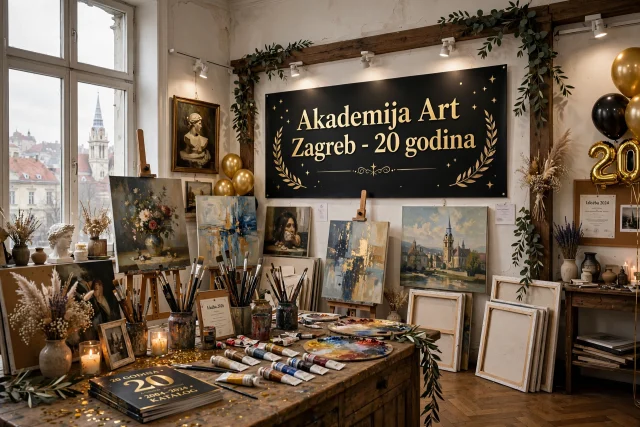 Dnevni sažetak — 26. kolovoz 2026 Atelje u Zagrebu s pogledom na katedralu, platna, kistovi, zlatni baloni "20" i svečani natpis Akademija Art Zagreb - 20 godina AI foto