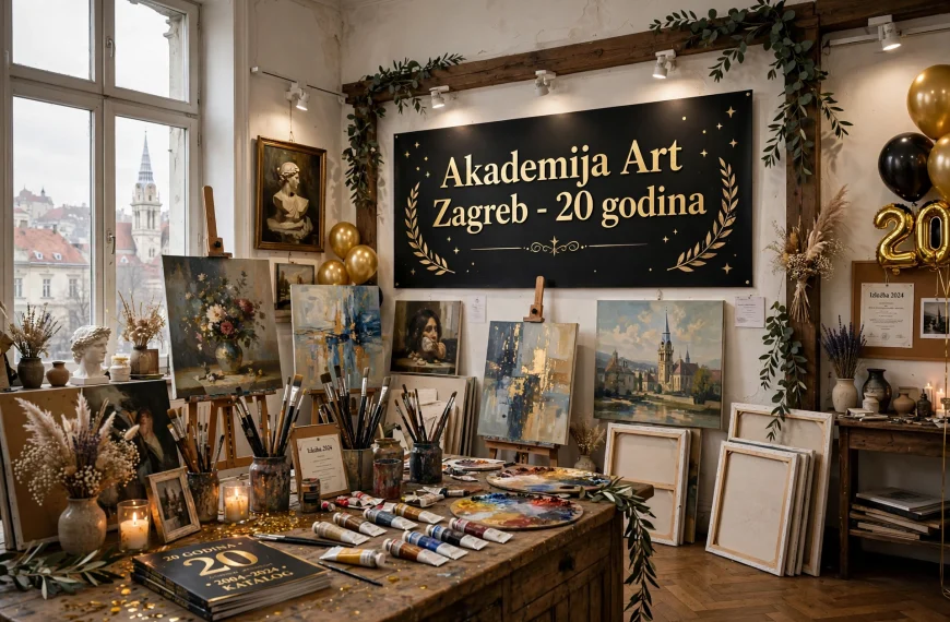 Atelje u Zagrebu s pogledom na katedralu, platna, kistovi, zlatni baloni "20" i svečani natpis Akademija Art Zagreb - 20 godina AI foto
