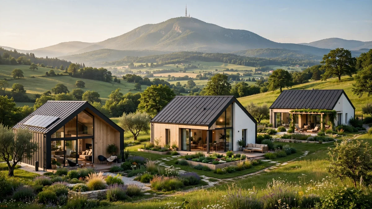 tri moderne održive barnhouse kuće u zelenim brežuljcima hrvatske, u daljini sljeme ai foto