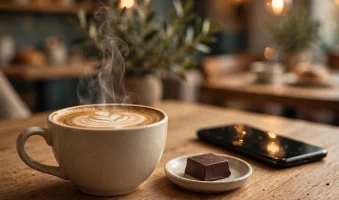 elegantna šalica s latte artom — suptilna para se diže ai foto