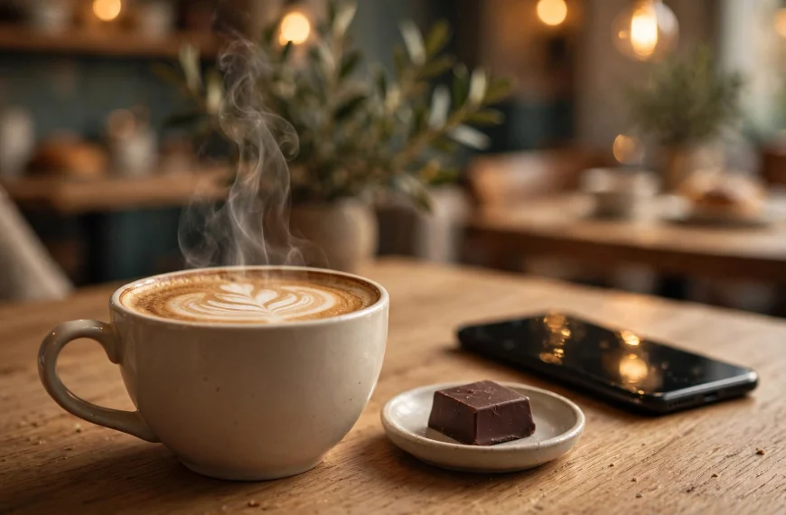 elegantna šalica s latte artom — suptilna para se diže ai foto