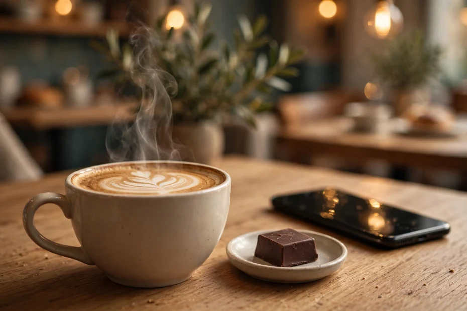 elegantna šalica s latte artom — suptilna para se diže ai foto