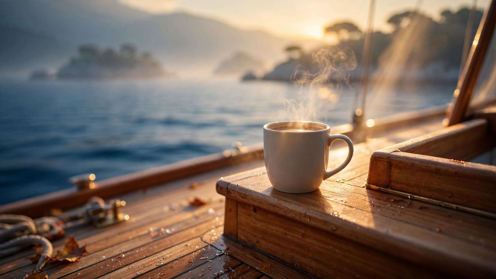 klasična drvena jedrilica, tikovina paluba na mirnom dubokom jadranu, jesensko jutro, keramička šalica s kavom meta ai foto