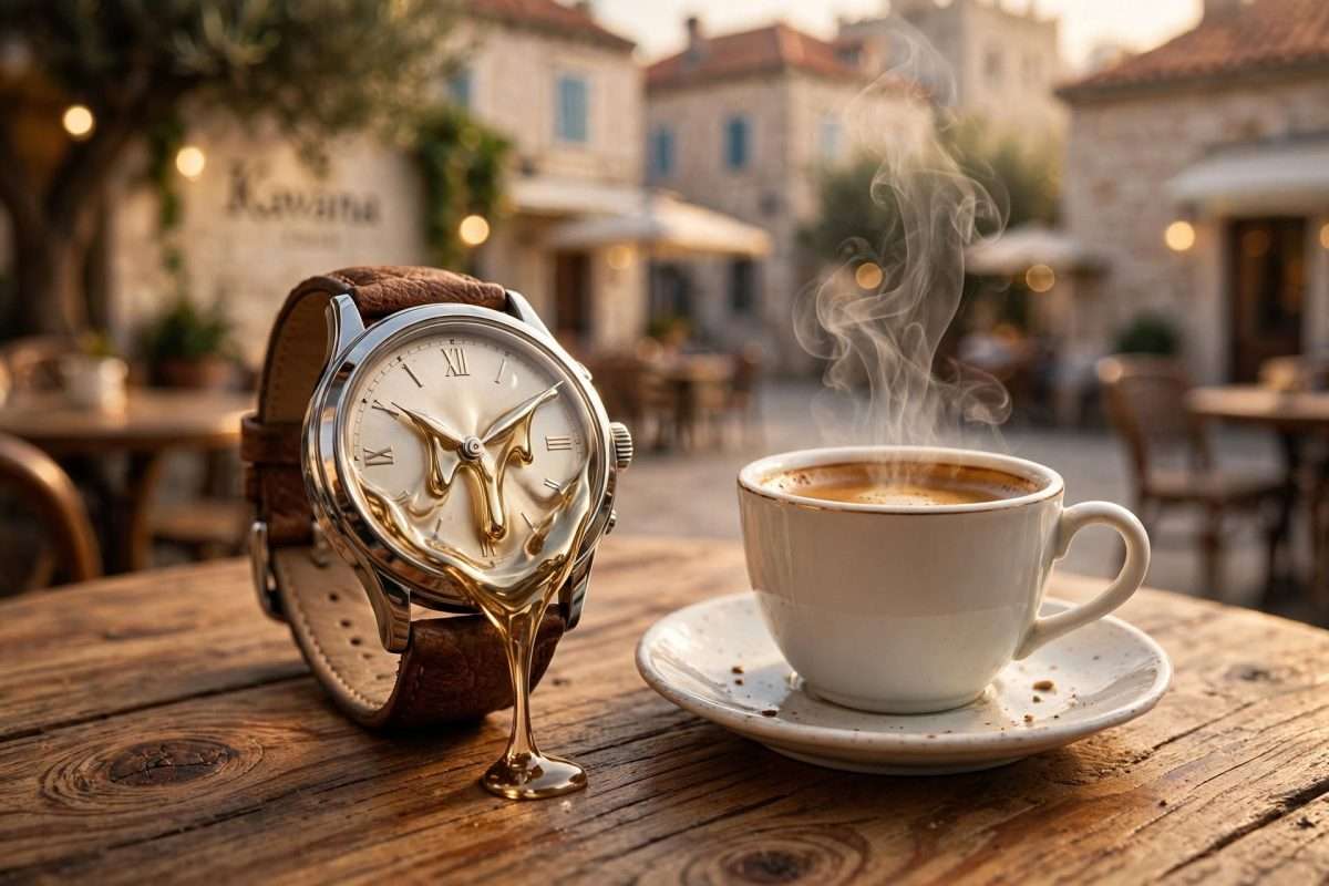 Fenomen „Dolazim za 5 minuta“: Kako hrvatsko poimanje vremena prkosi švicarskim satovima i GPS algoritmima klasični sat na drvenom stolu — espresso se puši ai foto
