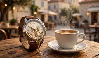 klasični sat na drvenom stolu — espresso se puši ai foto