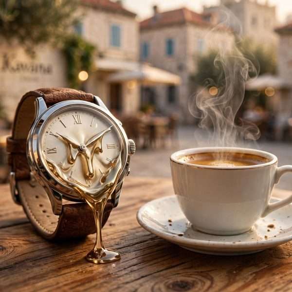 klasični sat na drvenom stolu — espresso se puši ai foto