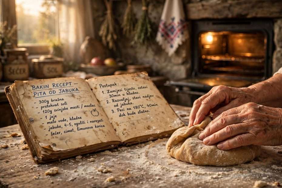 kuharica naše bake vs. influenceri — bakin recept pita od jabuka ai foto