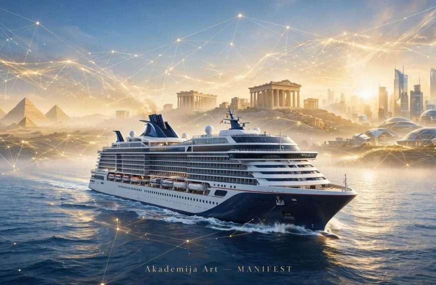 mocni prekooceanski kruzer ponosno plovi plavim oceanom — vedro nebo — u pozadini kroz zlatni sjaj i mrezu svjetlosnih linija ai (1)